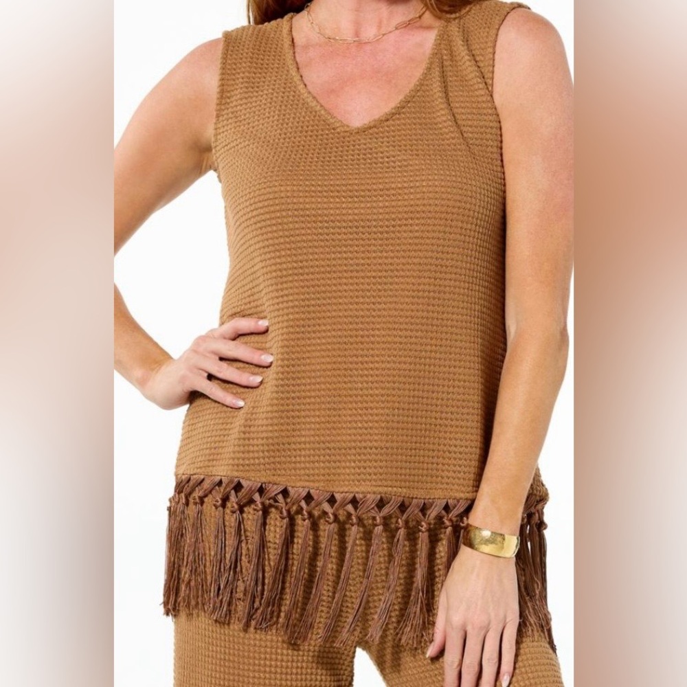 Colleen Lopez Fringe Hem Knit Sleeveless Top - CARAMEL Size 2X